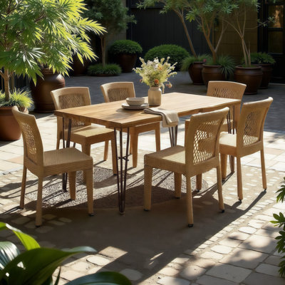 Modern 7-Piece Outdoor Dining Set with Acacia Table & Stackable Chairs - Seats 6, All-Weather Durability for Patio, Deck, or Backyard