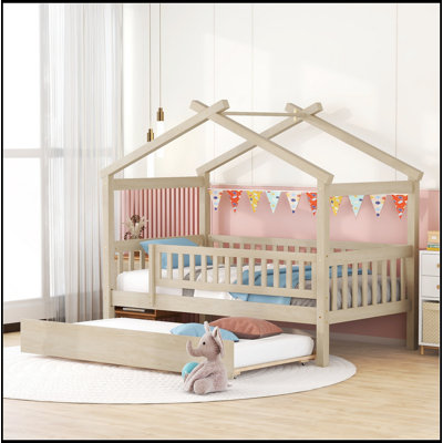Wooden House Bed With Twin Size Trundle