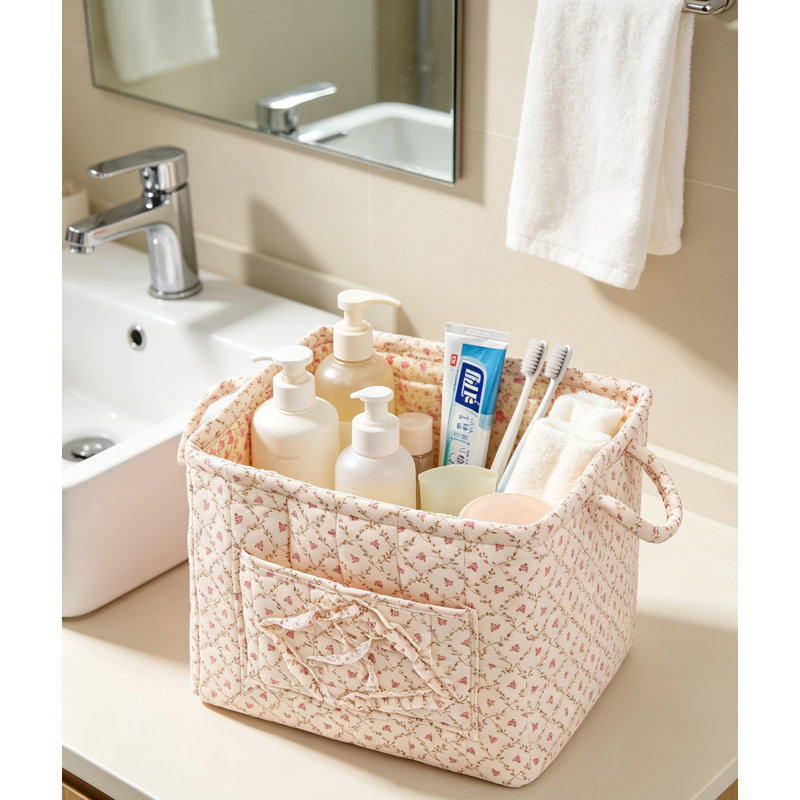 Panier de rangement en tissu fleuri bohème matelassé, bac de rangement pliable avec poche latérale et poignées renforcées