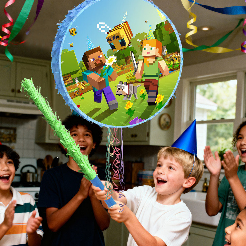4Pcs Pixel Game Pinata, Minecraft Round Pinata Set