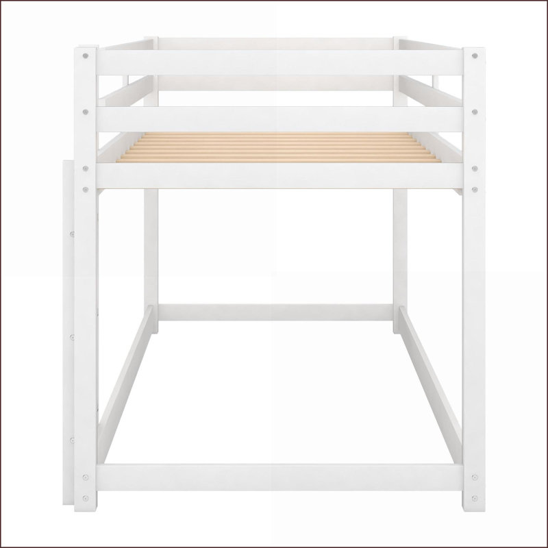 Twin Over Twin Solid Pine Wood Floor Bunk Bed - No Box Spring Needed, White for Small Spaces, Off White