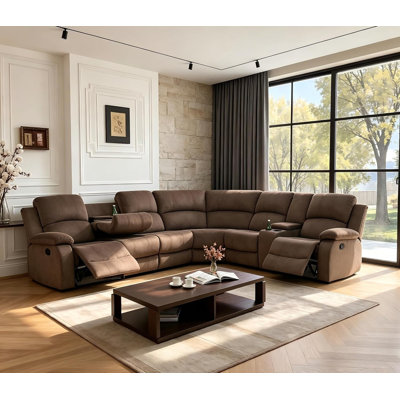 3-Piece 199" Fabric Manual Reclining Sectional Sofa with Pillow Top Arms, Drop-Down Table, Storage Console & Cup Holders