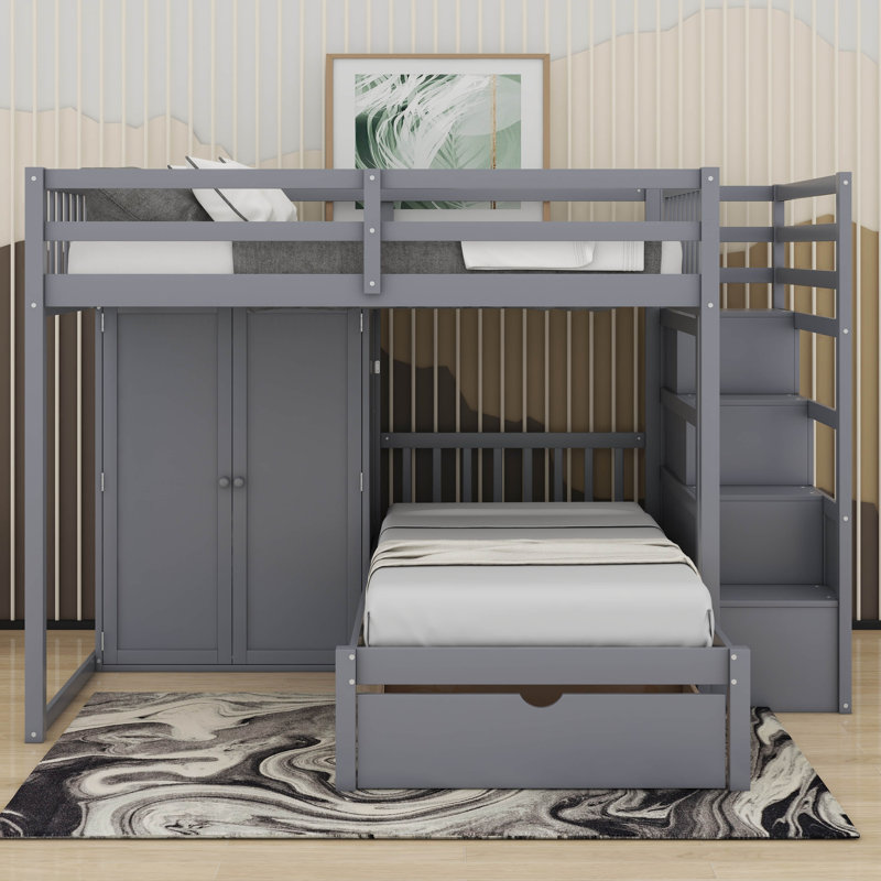Lit superposé double au-dessus de simple avec tiroirs et garde-robe