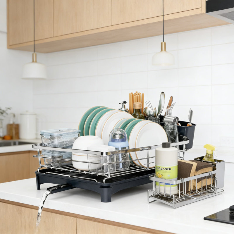 Égouttoir à vaisselle en acier inoxydable pour comptoir de cuisine avec égouttoir amovible, porte-couverts et porte-éponge, égouttoir à grande capacité