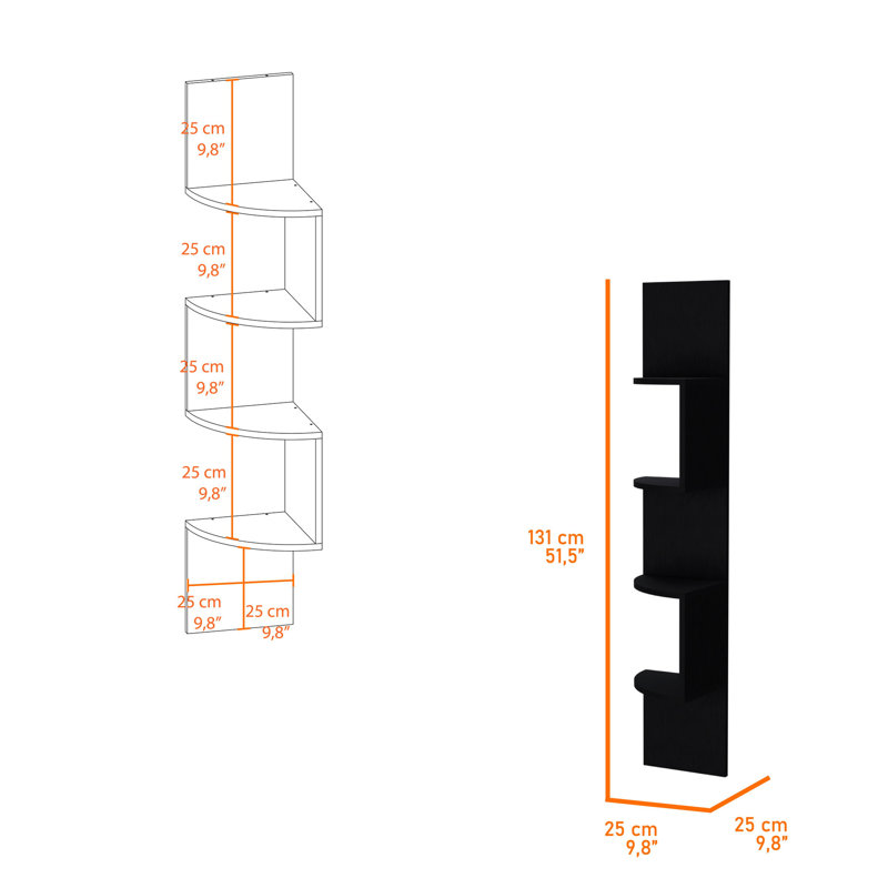 Black Floating Shelf With 4 Spacious Levels For Decorative Items Stylish Wood Areas Bedroom, Black