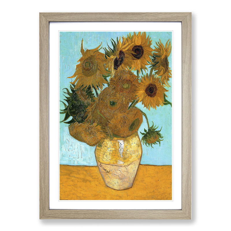 Twelve Sunflowers by Vincent Van Gogh - Picture Frame Painting, 65cm H x 48cm W x 2cm D, Oak
