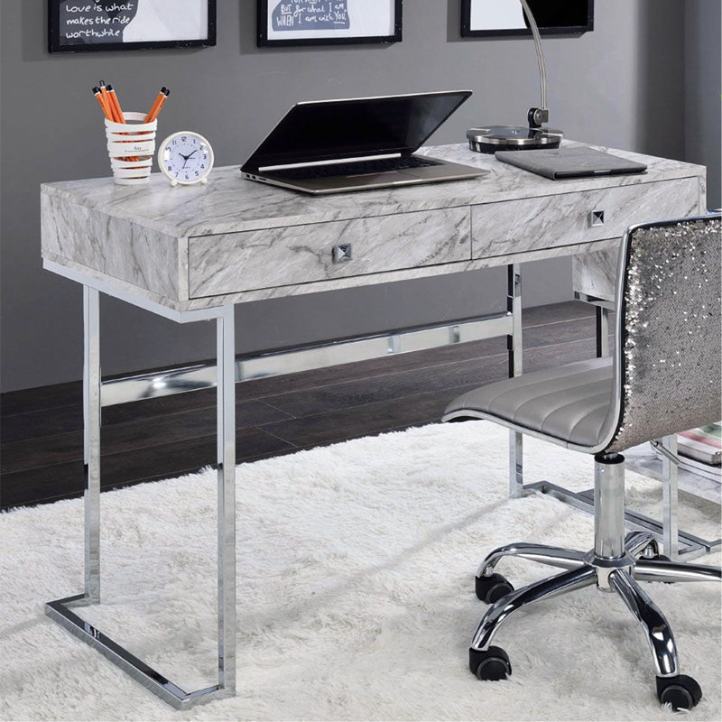 Rectangular Writing Desk With 2 Drawers, Engineered Stone Top And Chrome