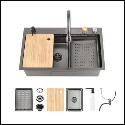 Évier en acier inoxydable à simple cascade avec cascade de pluie battante, grande cuve de lavage de légumes à une fente, lavabo à vaisselle épais pour la maison, lavabo à légumes