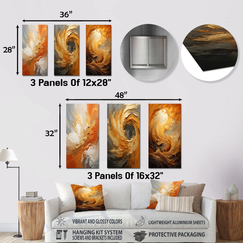 Golden Orange Surge - Abstract Spirals Metal Prints Set Of 3, 28" H x 36" W
