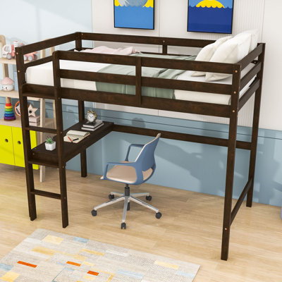 Twin Wooden Loft Bed With Ladder, Desk And Slats