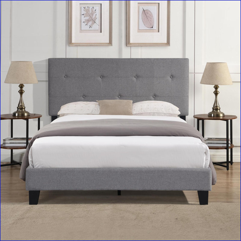 Structure de lit double tapissier pleine grandeur avec lattes de bois - Aucun sommier nécessaire, gris pour la chambre à coucher