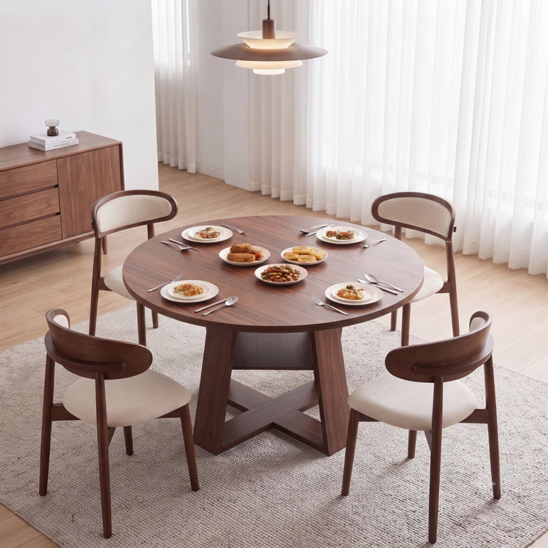 Ensemble de salle à manger 5 pièces avec table de salle à manger ronde 47 po et 4 chaises rembourrées en bois massif
