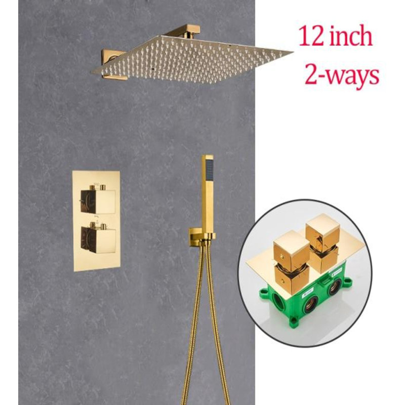 Système de douche thermostatique 12 po à tête de pluie carrée et polie dorée avec valve brute