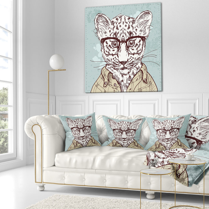 Hipster léopard avec lunettes - coussin imprimé animal, 16 po x 1 po, Coussin décoratif