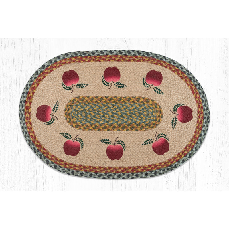  Apples Oval Braided Jute Tread 30" H Hand-Stenciled Farmhouse Accent Rug