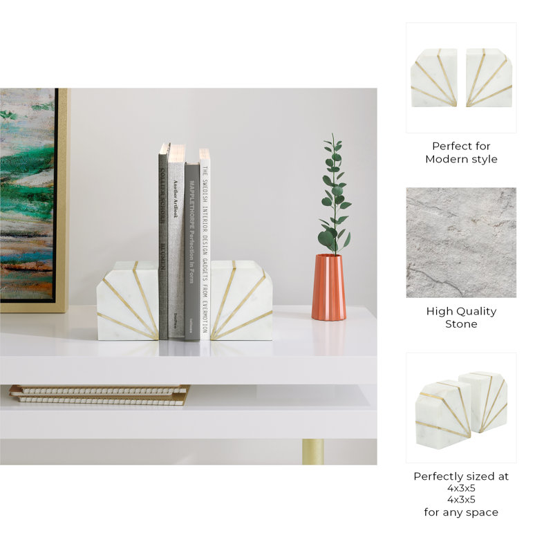 Modern Marble Bookends with Gold Inlay Set of 2, White