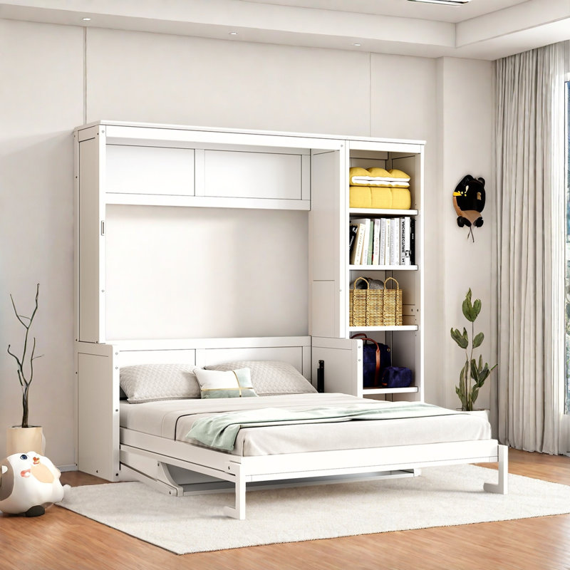 Lit escamotable avec bureau et tablettes Murphy, Lit double, Blanc