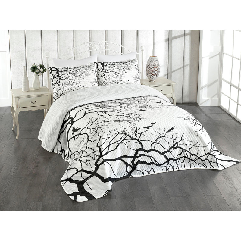 King Size Black and White Tree Branch Quilted Bedspread Set