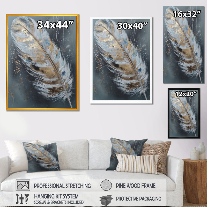 «Maireli Gold Feather Wanderlust II - Glam Feather», reproduction d'art sur toile encadrée, Cadre photo noir