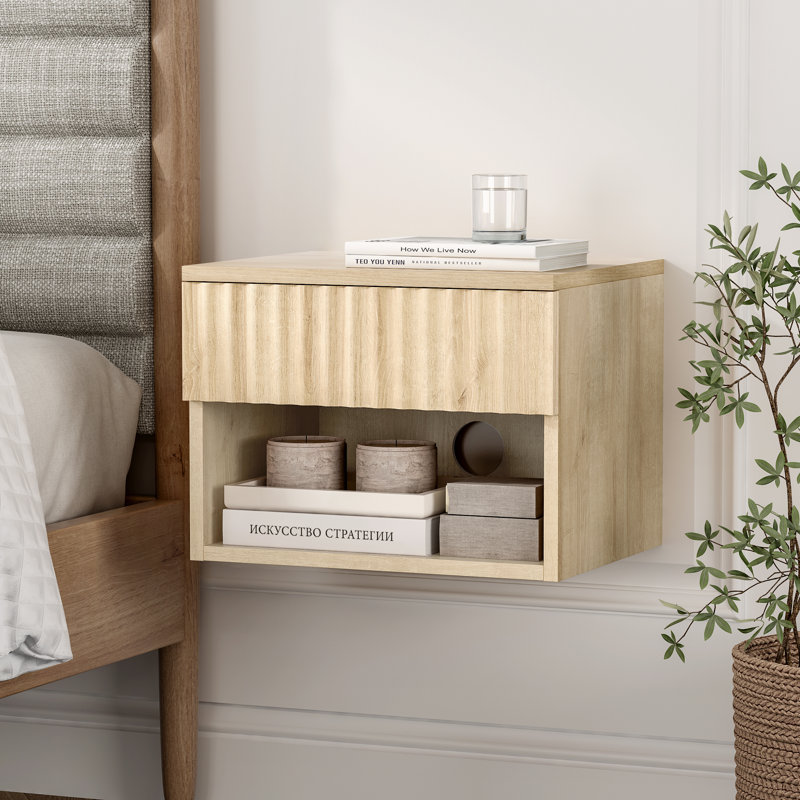 Drawer Wall-Mounted Nightstand With Open Cubby, Light Oak, Individual