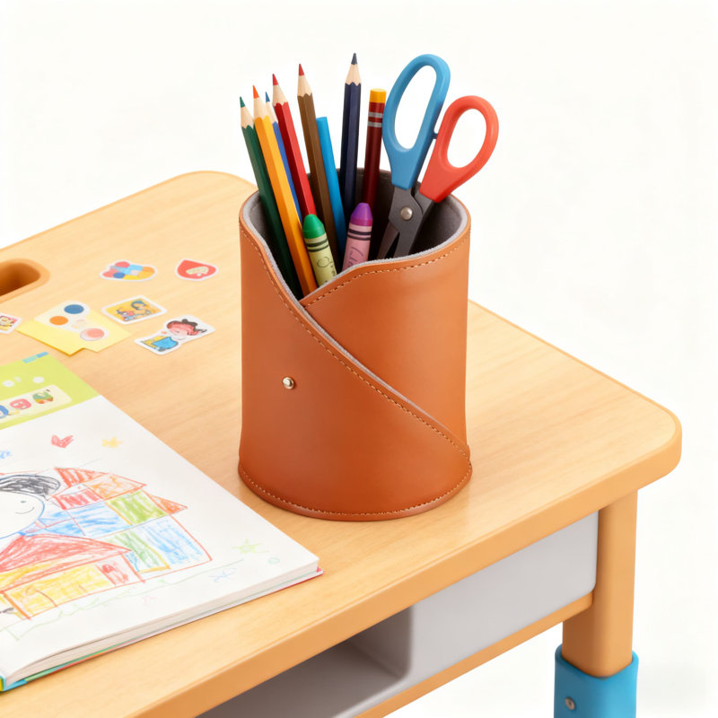French Vintage Leather Desk Organizer For Pens, Pencils, Makeup Brushes - Multipurpose Storage Holder For Kids Room, Study, Vanity