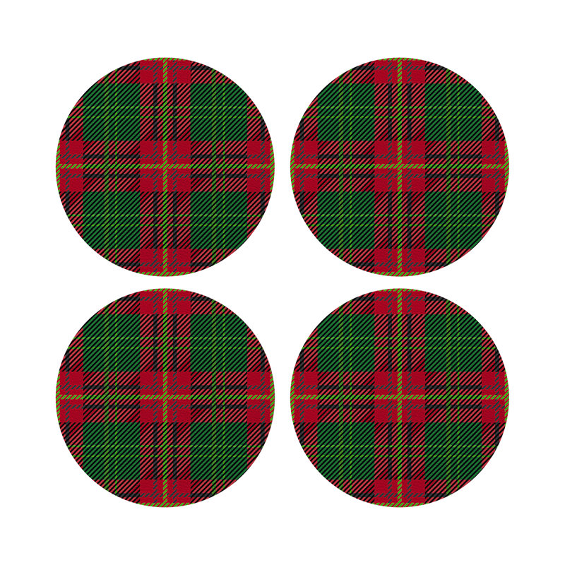Tartan Blue Vegan Leather Round Coasters, Green