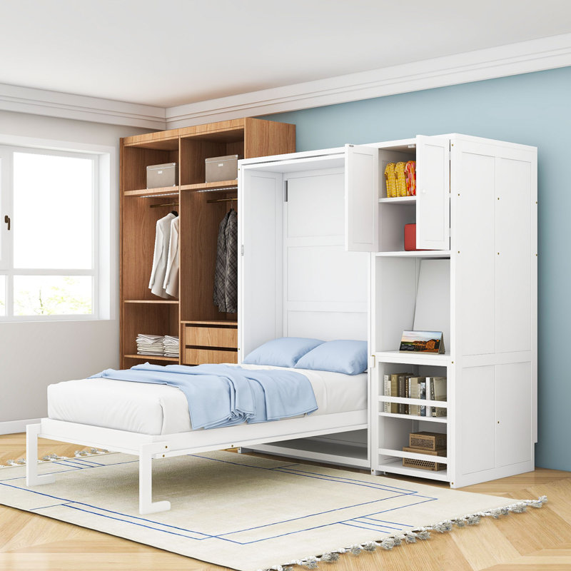 Lit escamotable simple en bois avec bureau et étagères, Blanc