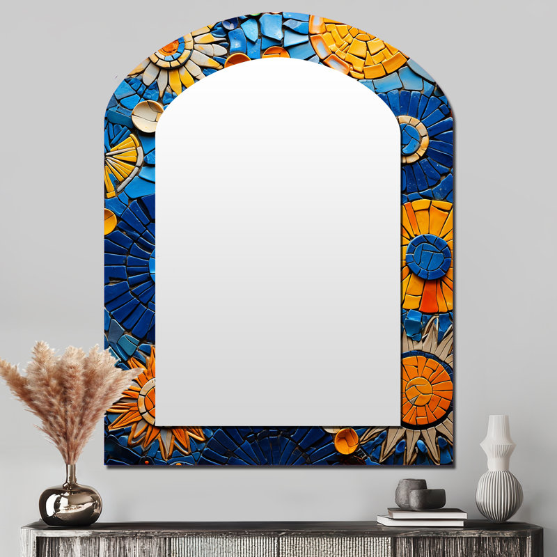 Carreaux de mosaïque jaunes et bleus 2 - miroir mural décoratif asymétrique Boho, 43 po x 33 po