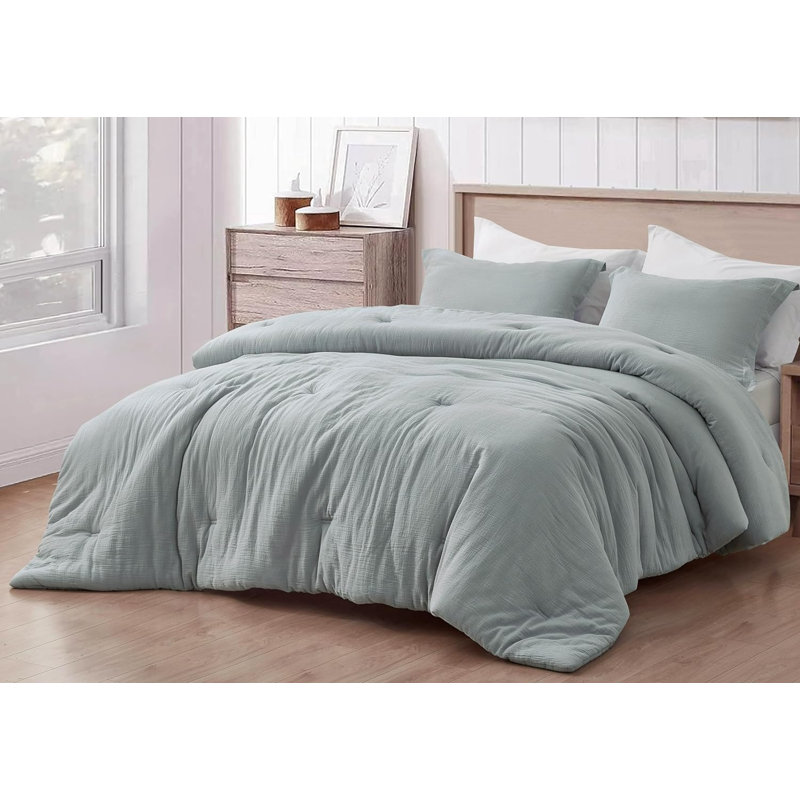 Breeze Cotton Gauze Comforter Bedding Set, Blue, Oversized King Comforter + 2 King Shams
