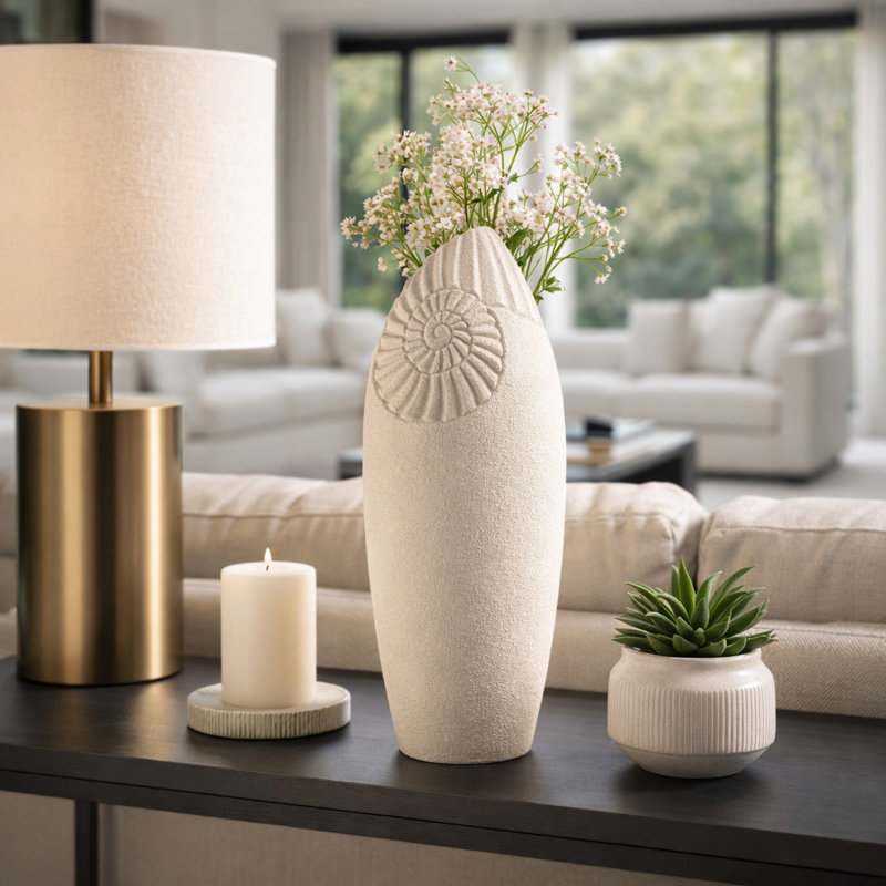 Coastal Oval Ceramic Table Vase with Nautilus Accent for Home Decor - Artistic Tall Flower Vase for Living Room or Dining Table Display - Ivory & Tan