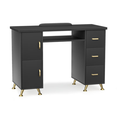 Table de manucure noire avec pieds et poignées dorés, bureau à ongles résistant à l'acétone avec 3 tiroirs, 2 placards et repose-poignets, poste de beauté professionnel pour salon et domicile