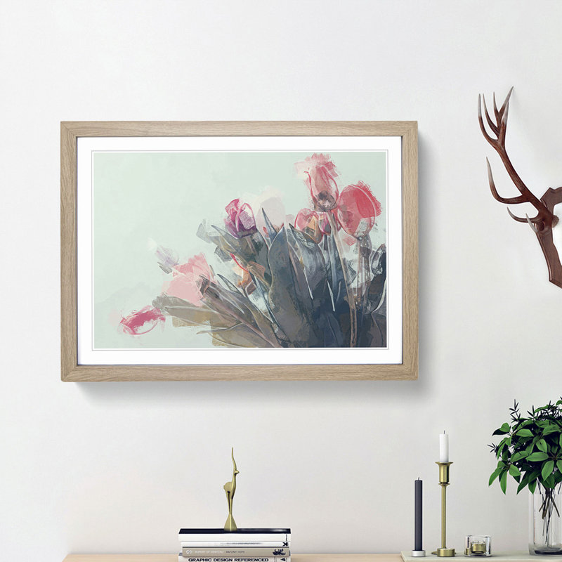 Bunch of Pink Tulips in Abstract - Picture Frame Art Print, 62cm H x 87cm W x 2cm D, Oak Framed