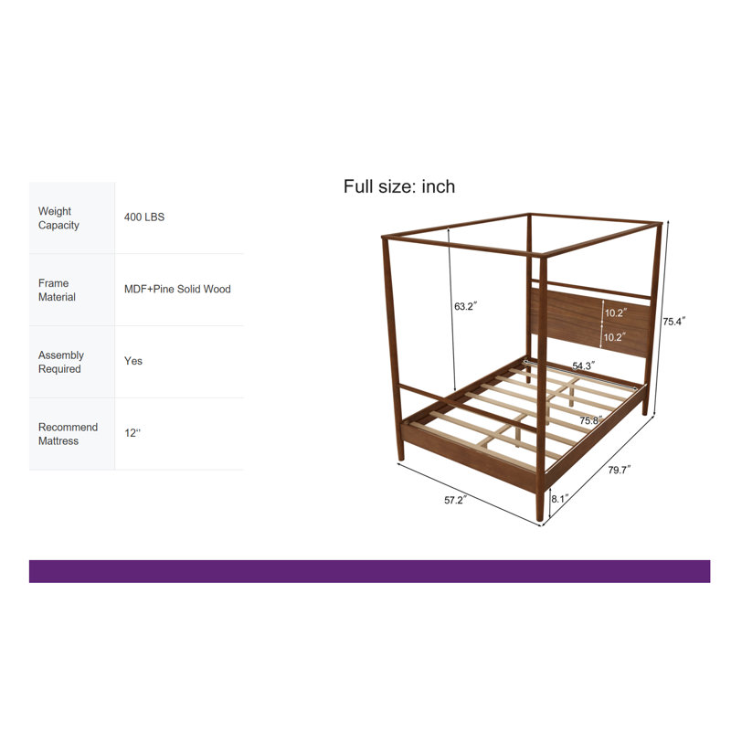 Mid-Century Modern Canopy Bed Frame - Solid Wood 4-Poster Design, Walnut Finish, No Box Spring Needed, Full