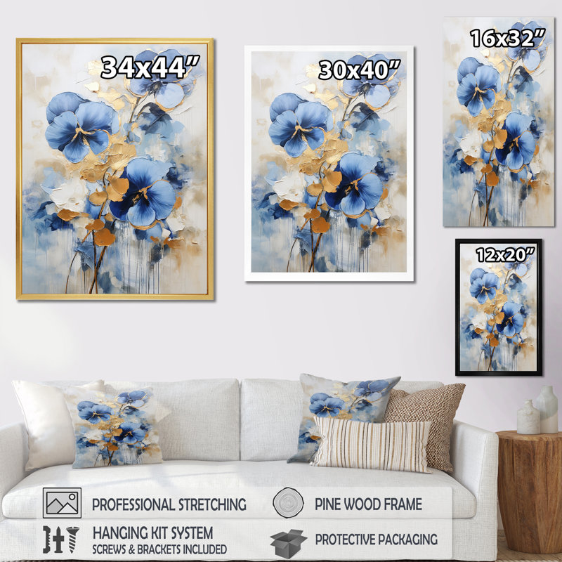 Bleu et or Minimalisme Pansy Radiance Bouquet II, Cadre flottant noir, H 32 po x l 24 po x P 1 po