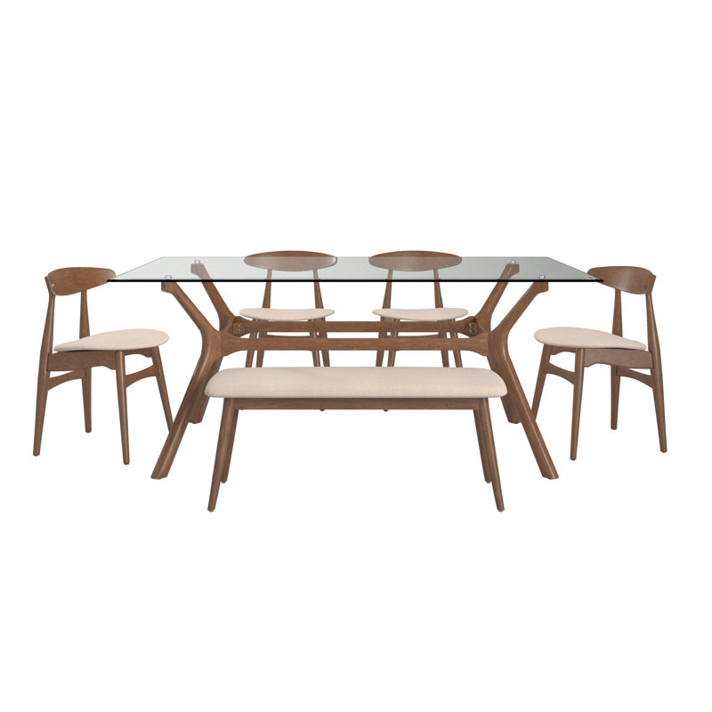 Arne Mid-Century 72" Glass Top Walnut Finish Rectangular Table Dining Set - Beige Fabric Chairs And Bench, 6-Piece
