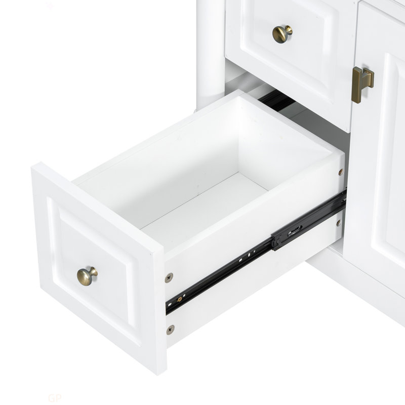 Meuble-lavabo de 30 po avec lavabo, armoire de salle de bain autoportante blanche avec tiroir rabattable et tablette réglable, structure en bois d'hévéa massif, panneaux de fibres à densité moyenne et poignées en métal