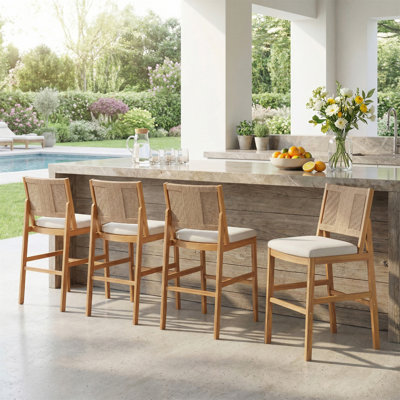 4 pièces Tabouret de bar d'extérieur naturel en bois d'acacia massif et osier tissé