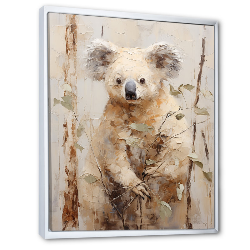Koala douillet qui grimpe sur toile, H 44 po x l 34 po x P 1,5 po, Cadre flottant blanc