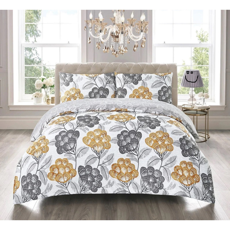 Cotton Duvet Cover Set, Bloom Ochre, Super King Duvet Cover  + 2 Standard Pillowcases
