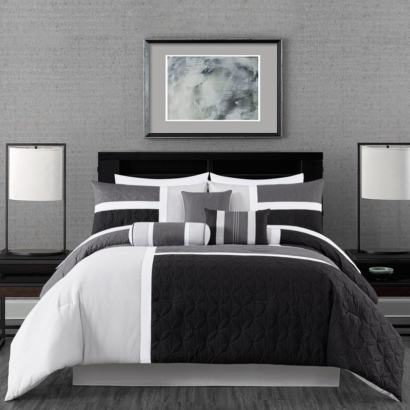 Upland Patchwork 7 Piece Comforter Set, Full Comforter +  6 Additional Pieces, Black