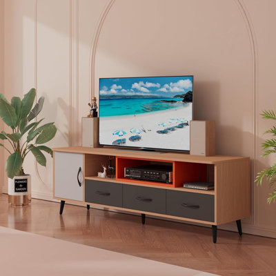 Meuble télé en bois pour téléviseur de 65 pouces, table d'appoint / centre de divertissement moderne autoportant avec 1 porte avec 3 tiroirs et tablette amovible