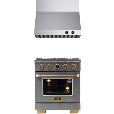 KUCHT 30 In. 4.2 Cu. Ft. 4 Burners Dual Fuel Range For Propane Gas In Stainless Steel And Gold + Wall Mount Range Hood