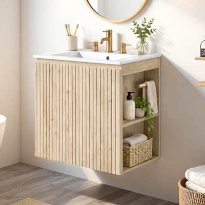 Meuble-lavabo mural simple flottant 24 po avec lavabo en céramique et rangement latéral ouvert 24 po