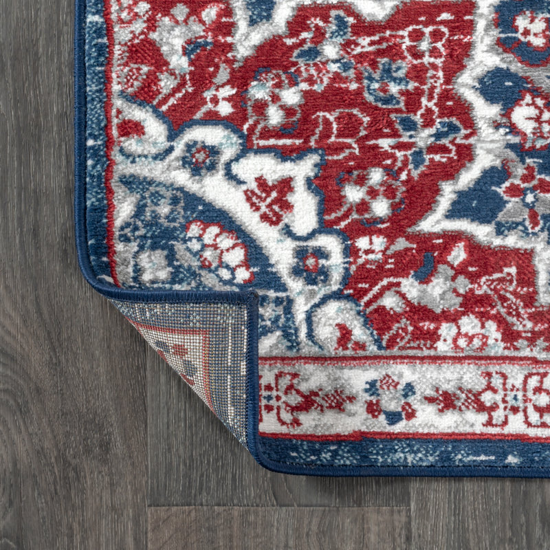 Tapis perse moderne bleu marine / rouge à motif médaillon marocain rétro Blazek, Rectangle 4 pi x 6 pi