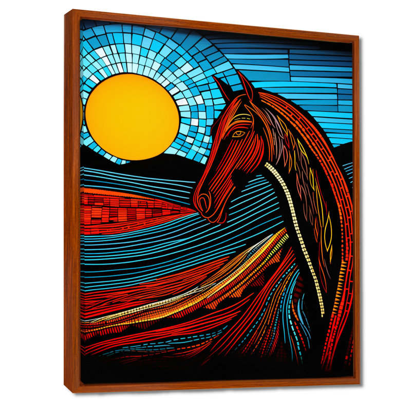 Pleine lune cheval abstrait, art mural cheval, Toile brune avec cadre flottant, H 20 po x l 12 po