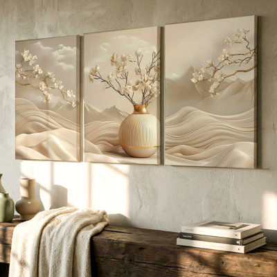 3 Pieces Elegant Floral Mountain Scene Large Wall Art in Neutral Tones, Three Pieces Wall Art for Living Room, Bedroom, and Office Decor, Framed Look