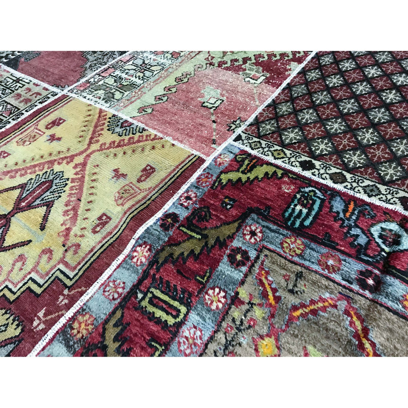 Tapis rouge, jaune et brun noué à la main de haute qualité