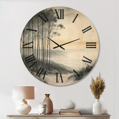 Misty Pine Coast I - Grande horloge murale en bord de mer, imprimée sur bois