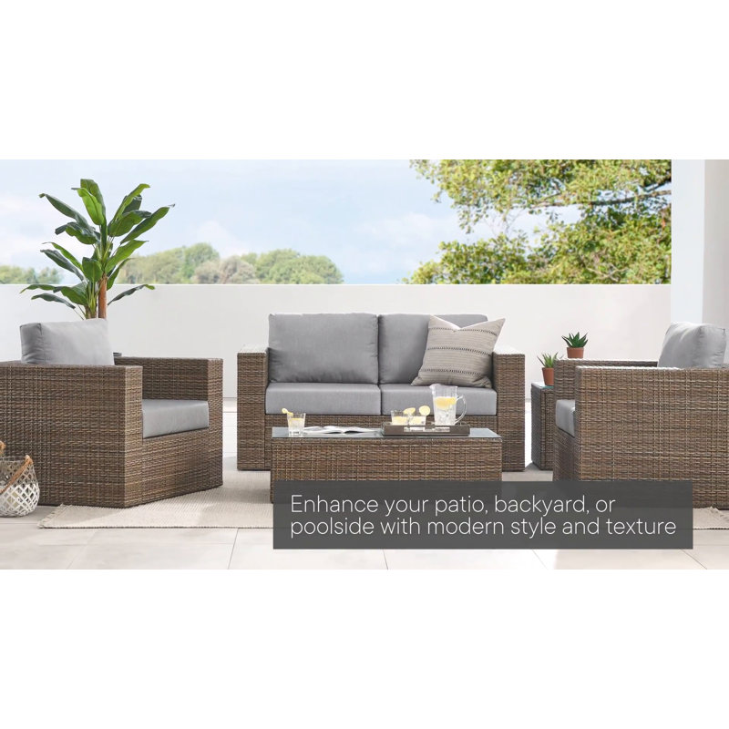 Convene Brown Rattan Outdoor Patio Coffee Table with Glass Top