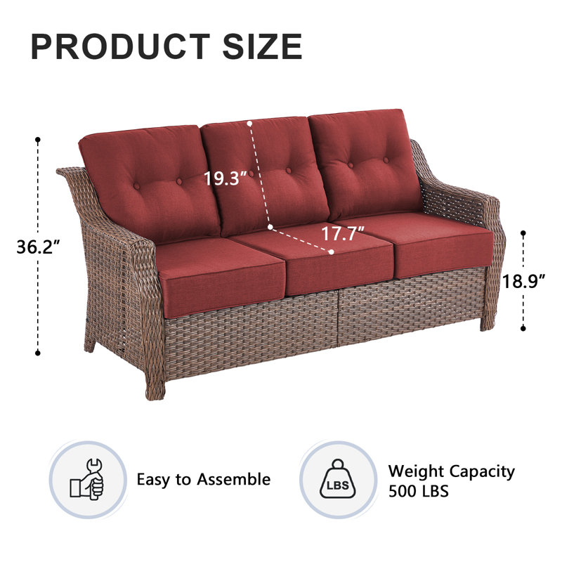 Sami 75'' 3-Seat Paito Wicker Sofa With 6-Inch Ultra-Plush Cushions & Water-Resistant Olefin Fabric, Red
